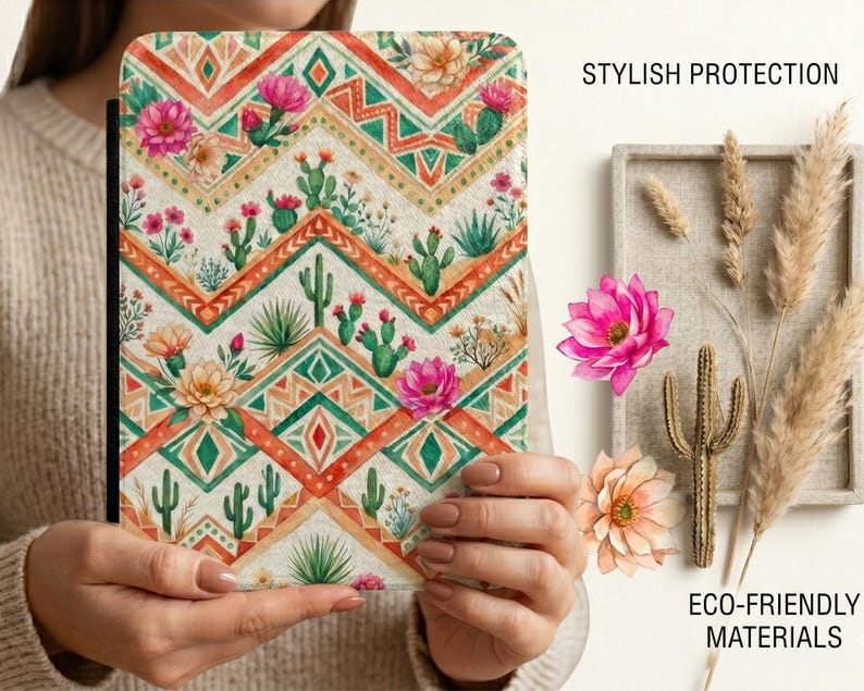 Boho Desert Kindle Case, Southwestern Cactus Floral Kindle Cover, Geometric Aztec Kindle Sleeve, Cute Kindle Paperwhite Case Gift for Her
