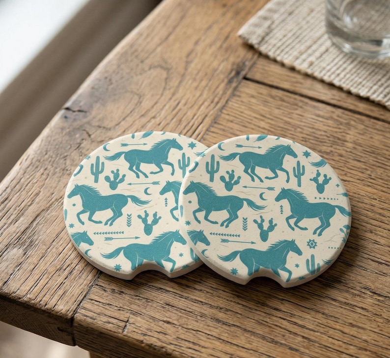 Teal Running Horse Car Coaster | Southwest Aesthetic Soapstone Coaster | Gift for Horse Lovers | New Car Accessory | Western Car Accessory