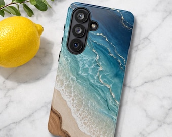 Ocean Beach Phone Case, Gold Marble Tough Case, Fluid Art Resin Waves Cover, Coastal Blue Luxury Gift, Samsung S26 S25 S24, iPhone 17 16 15
