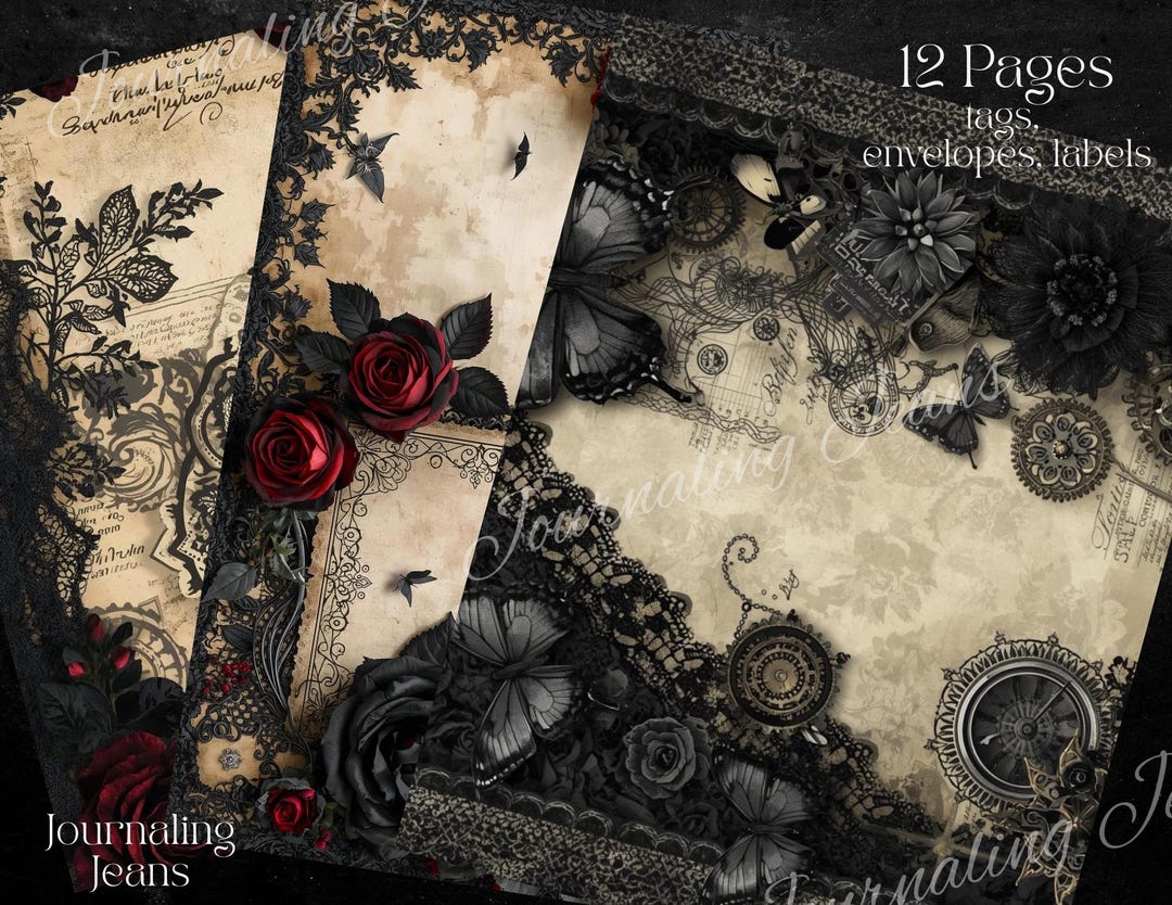 Vintage Gothic Rose & Black Lace Junk Journal Tags, Labels, Pages ...