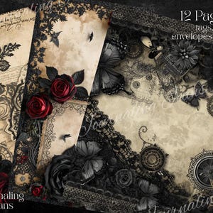 Könnte beinhalten: Eine Sammlung von Scrapbook-Seiten im Vintage-Stil mit einem gotischen Thema. Die Seiten zeigen dunkle Spitze, Rosen, Schmetterlinge und dekorative Elemente. Der Text "12 Pages tags, envelopes, labels" ist sichtbar.