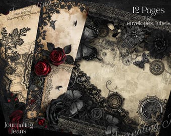 Vintage Gothic Rose & black Lace junk journal tags, labels, pages, digital download, Scrapbook, ephemera,