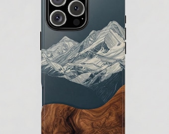 Mountain Landscape Tough Phone Case | Wood Grain Design for iPhone 17 16 15 14 13 12 11 Pro Max, Samsung S26 S25 S24 S23 S22 Ultra, Google