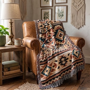 Southwestern Woven Throw Blanket, Aztec Geometric Fringe Blanket, Boho Western Couch Throw, Rustic Cabin Decor, Earth Tone Housewarming Gift
