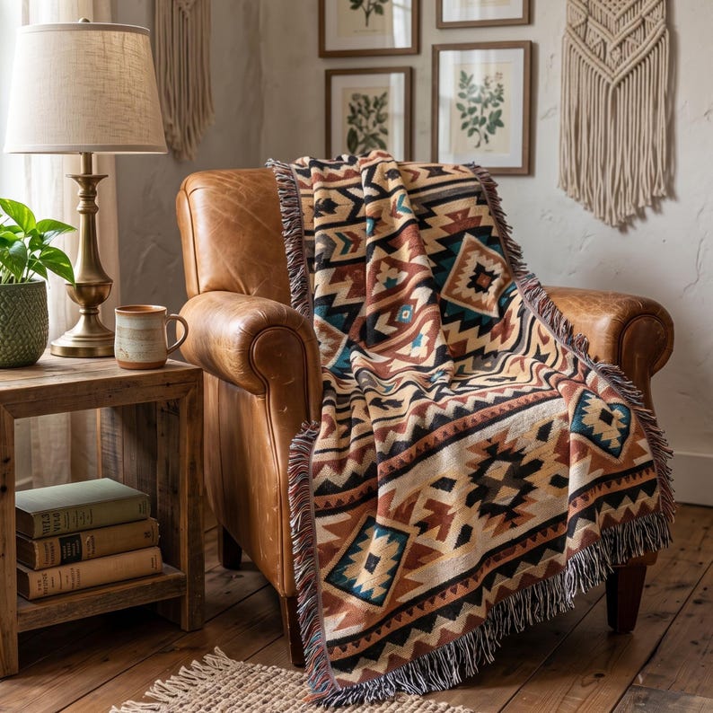 Southwestern Woven Throw Blanket, Aztec Geometric Fringe Blanket, Boho Western Couch Throw, Rustic Cabin Decor, Earth Tone Housewarming Gift