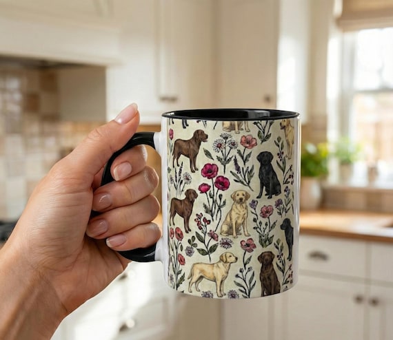 Labrador Retriever Floral Accent Coffee Mug, 11oz & 15oz, Yellow, black and chocolate Lab Tea Cup Gift