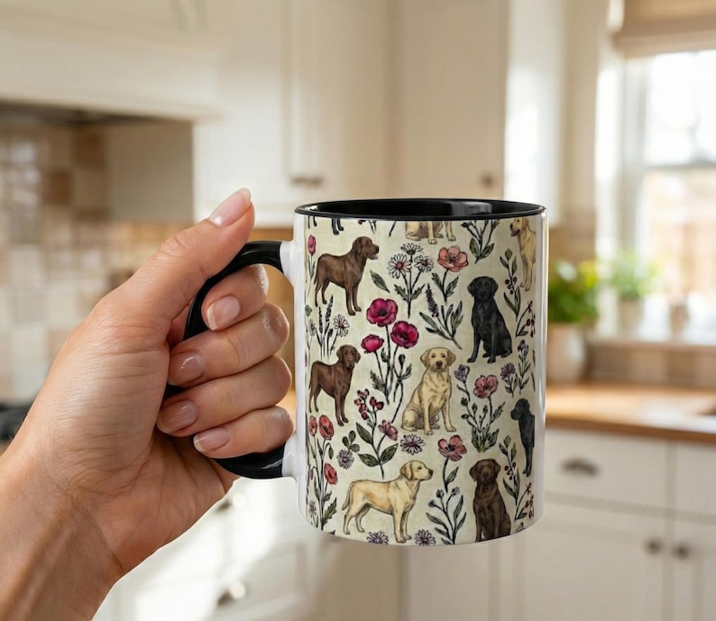 Labrador Retriever Floral Accent Coffee Mug, 11oz & 15oz, Yellow, black and chocolate Lab Tea Cup Gift