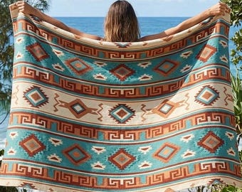 Manta de terciopelo con estampado azteca del suroeste/manta geométrica, decoración tribal occidental, ropa de cama
