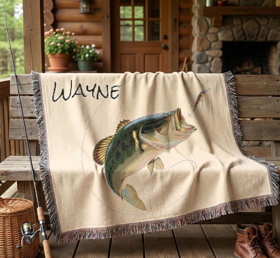 Fly Fishing Blanket Throw | Personalized Bass Fisherman Gift, Fishing Decor Gift, Retirement Gift, Custom Gift for Grandpa, husband, Fathers