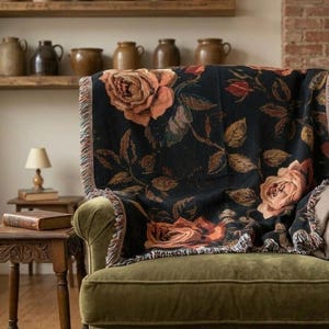 Vintage Dark Floral Woven Blanket, Gothic Rose Throw, Cottagecore Tapestry Blanket, Moody Botanical Decor, Boho Floral Couch Throw