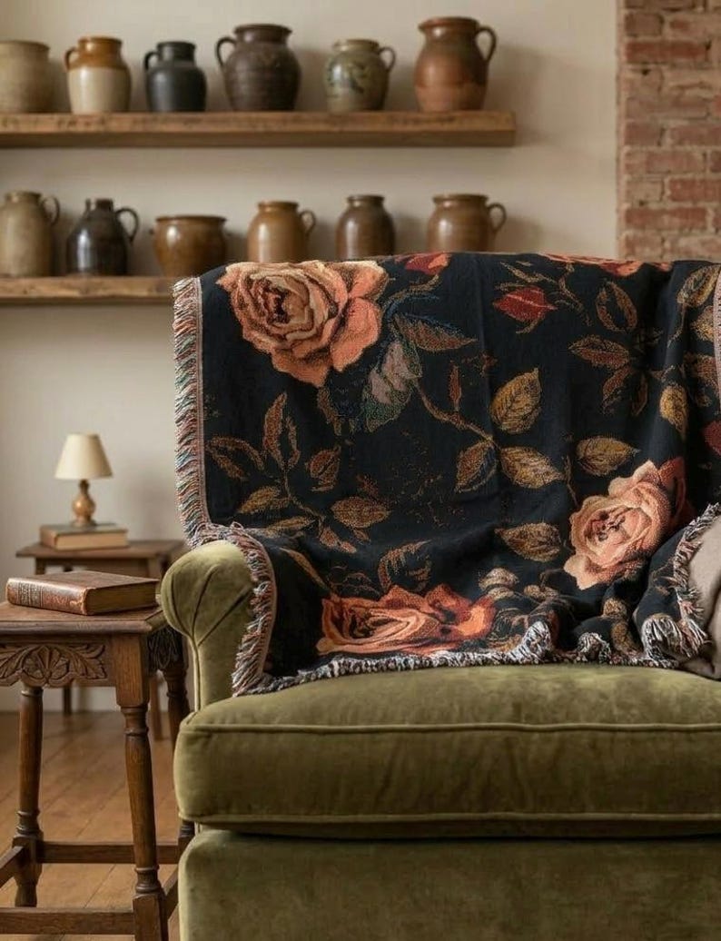 Vintage Dark Floral Woven Blanket, Gothic Rose Throw, Cottagecore Tapestry Blanket, Moody Botanical Decor, Boho Floral Couch Throw