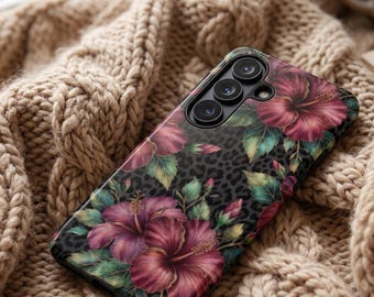 Tropical Floral Leopard Print Phone Case, Dark Botanical Hibiscus Cover, Aesthetic Animal Print Tough Case, Samsung S26 S25, iPhone 17 16 15