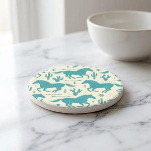 Teal Running Horse Car Coaster | Southwest Aesthetic Soapstone Coaster | Gift for Horse Lovers | New Car Accessory | Western Car Accessory