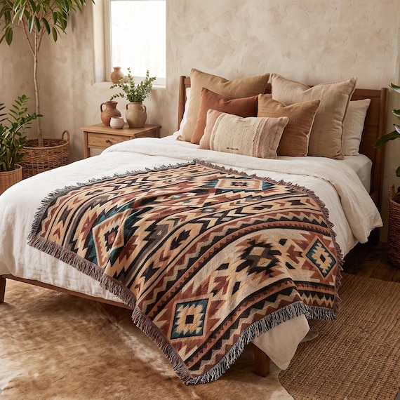 Southwestern Woven Throw Blanket, Aztec Geometric Fringe Blanket, Boho Western Couch Throw, Rustic Cabin Decor, Earth Tone Housewarming Gift
