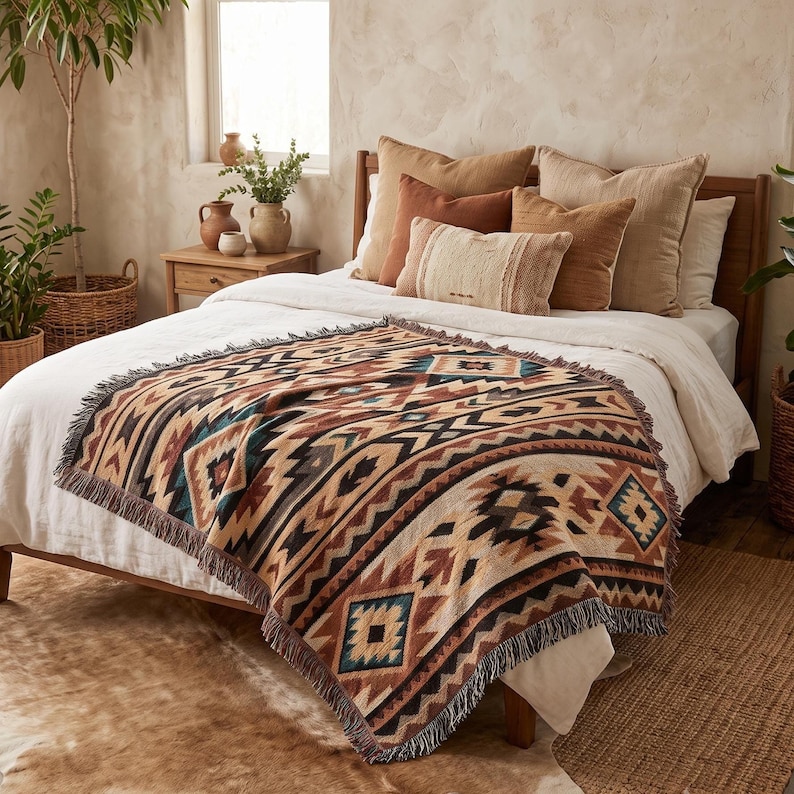 Southwestern Woven Throw Blanket, Aztec Geometric Fringe Blanket, Boho Western Couch Throw, Rustic Cabin Decor, Earth Tone Housewarming Gift