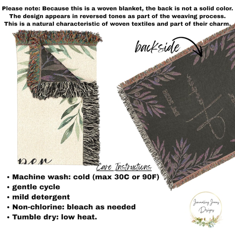 May include: A woven blanket featuring a cream-colored front with green olive branch illustrations and a dark-colored backside where the design appears in reversed tones. The blanket has fringed edges and includes care instructions for machine washing.