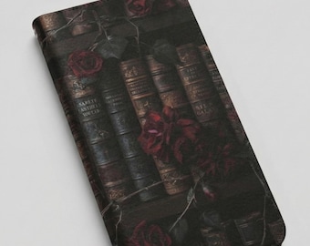Dark Academia Wallet Phone Case, Vintage Book & Rose Cover