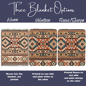 May include: Three blanket options featuring a geometric pattern in shades of orange, teal, black, and cream. The options include a woven blanket with fringed edges, a velveteen blanket, and a fleece blanket with a plain white sherpa backing.