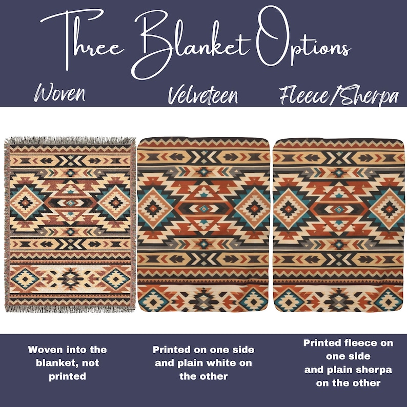 May include: Three blanket options featuring a geometric pattern in shades of orange, teal, black, and cream. The options include a woven blanket with fringed edges, a velveteen blanket, and a fleece blanket with a plain white sherpa backing.