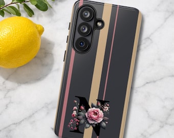 Personalized Striped Phone Case, Elegant Floral Phone cover, Pink Rose Monogram, Chic Stripes Case, Samsung S26 S25 S24, iPhone 17 16 15