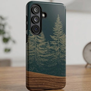 Modern Rustic Evergreen Phone Case, Samsung S26 Dark Teal Forest Cover Gift, Faux Wood Grain iPhone 17 16 15 14, Samsung Galaxy S25  S24 S23