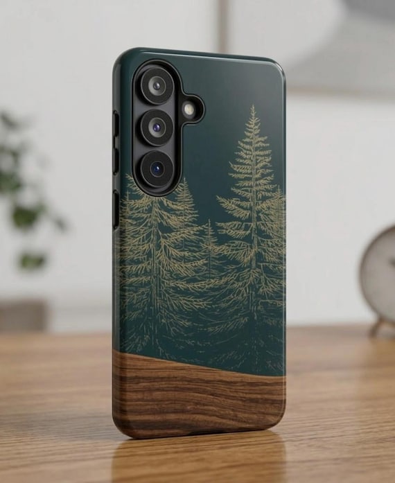 Modern Rustic Evergreen Wooden Phone Case, Samsung S26 Forest Cover Gift, Faux Wood Grain iPhone 17 16 15 14, Samsung Galaxy S25  S24 S23