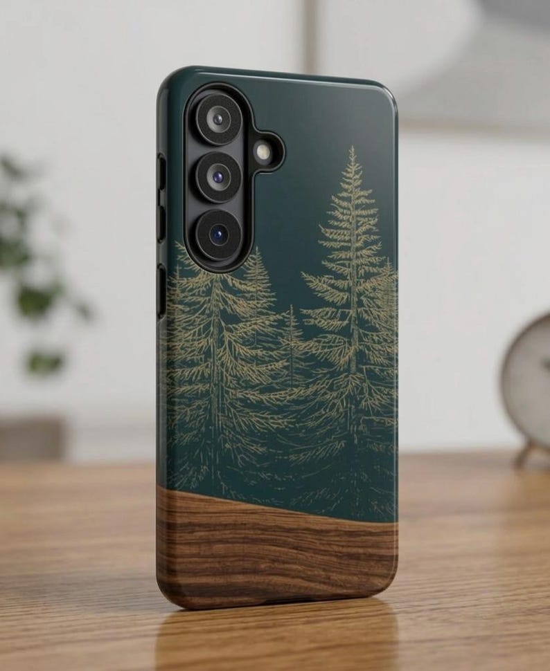 Modern Rustic Evergreen Phone Case, Samsung S26 Dark Teal Forest Cover Gift, Faux Wood Grain iPhone 17 16 15 14, Samsung Galaxy S25  S24 S23