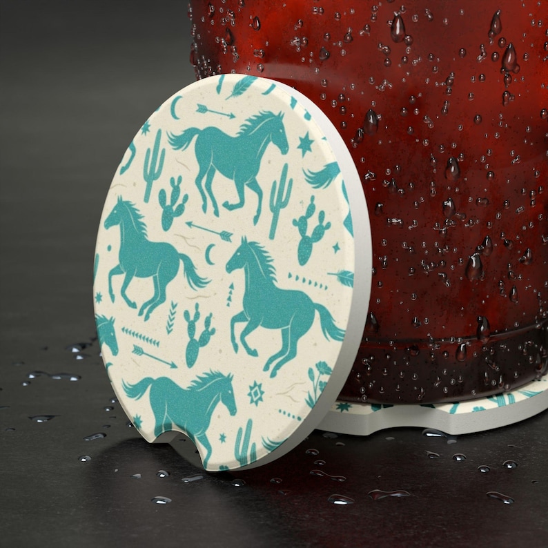 Teal Running Horse Car Coaster | Southwest Aesthetic Soapstone Coaster | Gift for Horse Lovers | New Car Accessory | Western Car Accessory
