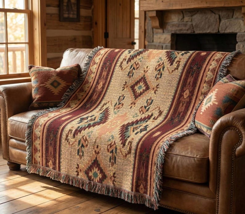 May include: A woven throw blanket with a Southwestern design in shades of beige, burgundy, and teal, draped over a brown leather sofa. The blanket features geometric patterns and fringe along the edges. Two matching throw pillows are also on the sofa.