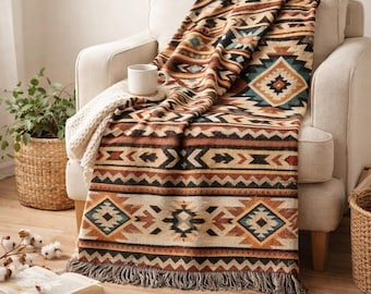Southwestern Woven Throw Blanket, Aztec Geometric Fringe Blanket, Boho Western Couch Throw, Rustic Cabin Decor, Earth Tone Housewarming Gift