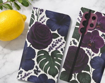 Dark Floral Wallet Phone Case, Gothic Orchid Rose Flip Folio Cover, Moody Monstera Leaf, Botanical Credit Card Holder Samsung S25, iPhone