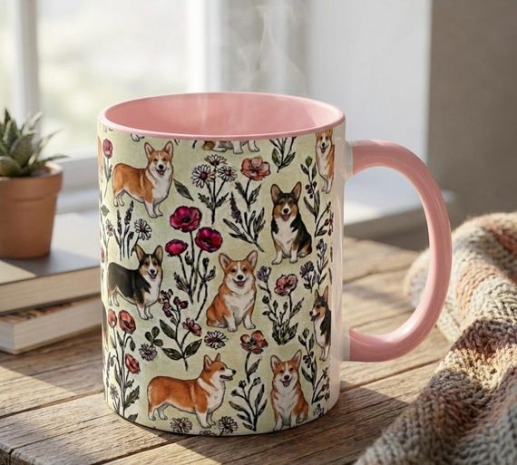 Corgi Floral Accent Coffee Mug, 11oz & 15oz, Welsh Corgi Tea Cup Gift for Dog Mom or Dog Dad