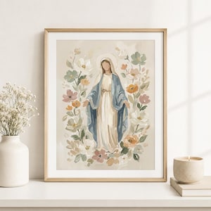 Blessed Mother of God Floral Artwork Print, Virgin Mary Catholic Art Poster, Neutral Christian Decor, Catholic Baptism Print image 9