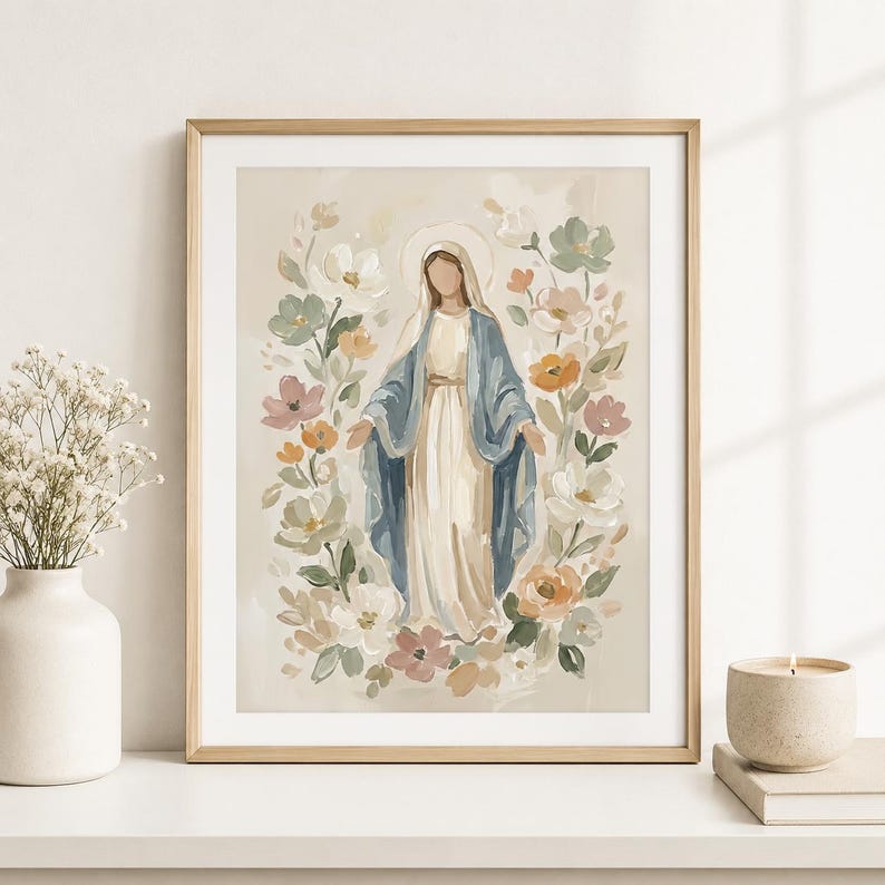 Blessed Mother of God Floral Artwork Print, Virgin Mary Catholic Art Poster, Neutral Christian Decor, Catholic Baptism Print image 9