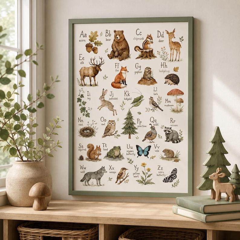 May include: A framed educational alphabet poster featuring illustrations of woodland animals and nature elements from A to Z, including an acorn, bear, chipmunk, deer, elk, fox, gopher, hedgehog, ivy, jackrabbit, katydid, lark, mushroom, nest, owl, pine tree, quail, raccoon, squirrel, toad, ulysses butterfly, vole, wolf, xerops, yellow wort, and zebra butterfly.