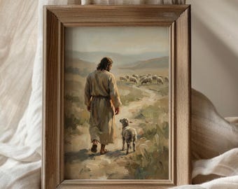 Jesus Leaves the 99 Print, Jesus Good Shepherd Art, Rejoices over One Lost Sheep, Lost Sheep Parable Oli Painting, Christian Landscape Art