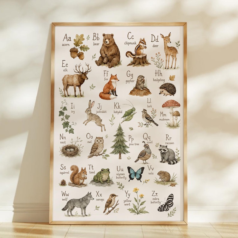 May include: An educational alphabet wall poster featuring watercolor illustrations of animals and nature elements from A to Z. Each letter is paired with a corresponding creature or plant, such as acorn, bear, chipmunk, deer, elk, fox, and zebra butterfly.