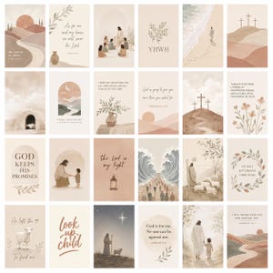 May include: A collection of twenty-four rectangular wall art prints featuring neutral-toned watercolour illustrations of biblical scenes, landscapes, and inspirational text in various fonts, arranged in a grid on a white background.