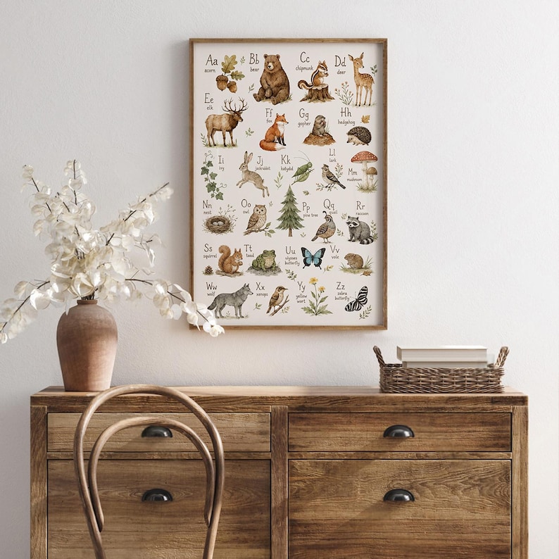 May include: A rectangular wall poster featuring an alphabet chart with watercolor illustrations of forest animals and plants, labeled from A to Z. Each letter corresponds to a specific creature or nature element, such as acorn, bear, chipmunk, and deer.