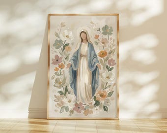 Blessed Mother of God Floral Artwork Print, Virgin Mary Catholic Art Poster, Neutral Christian Decor, Catholic Baptism Print