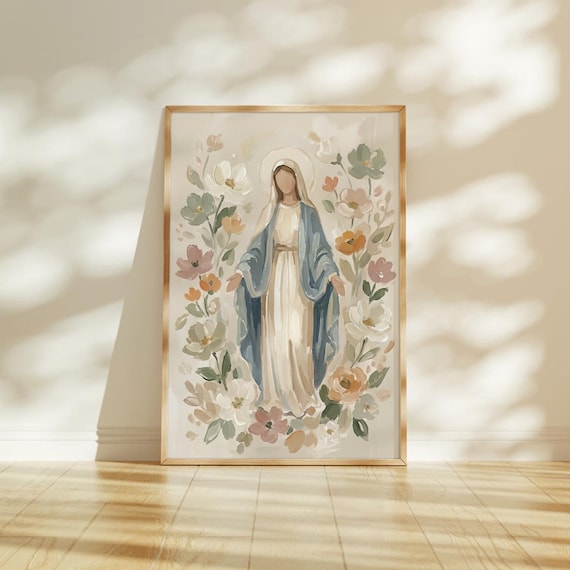 Blessed Mother of God Floral Artwork Print, Virgin Mary Catholic Art Poster, Neutral Christian Decor, Catholic Baptism Print