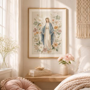 Blessed Mother of God Floral Artwork Print, Virgin Mary Catholic Art Poster, Neutral Christian Decor, Catholic Baptism Print image 10