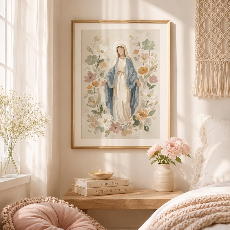 Blessed Mother of God Floral Artwork Print, Virgin Mary Catholic Art Poster, Neutral Christian Decor, Catholic Baptism Print image 10