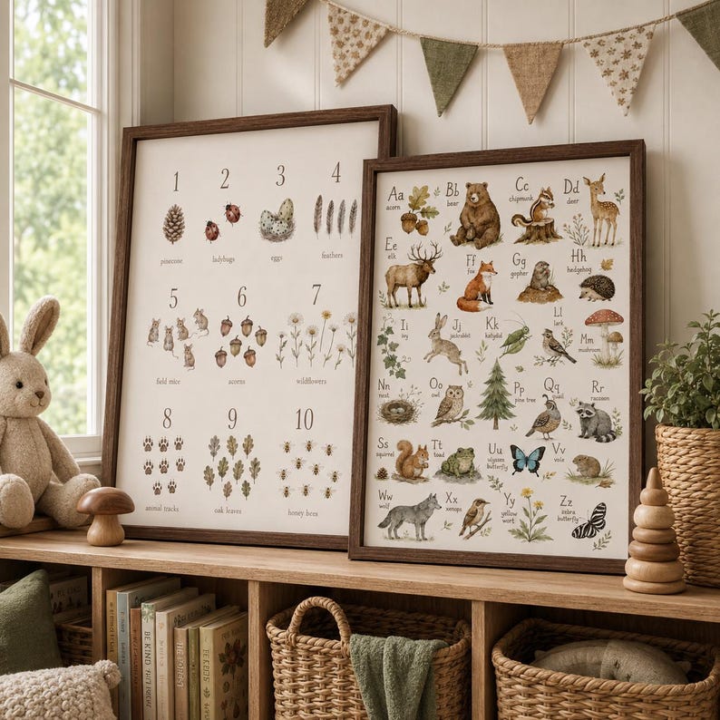 May include: Two framed educational posters with dark wood frames. The left poster displays numbers one through ten with nature illustrations. The right poster features an alphabet chart from Aa to Zz, each letter paired with a corresponding animal or plant illustration.