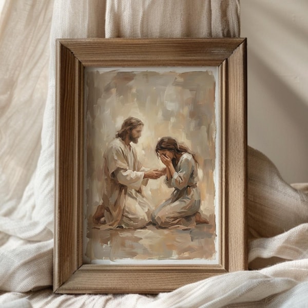 Healed Pain Art Print, Jesus with Woman, Jesus and Girl Art, Jesus Watercolor Art, Christ Portrait, Jesus Picture, Bible Sketches