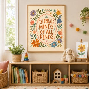 Może przedstawiać: Prostokątny wydruk ścienny z napisem "CELEBRATE MINDS OF ALL KINDS" brązowymi literami, wyśrodkowany w ozdobnej falistej ramce i otoczony kolorową ilustracją przedstawiającą r&oacute;żne kwiaty oraz zielone liście.