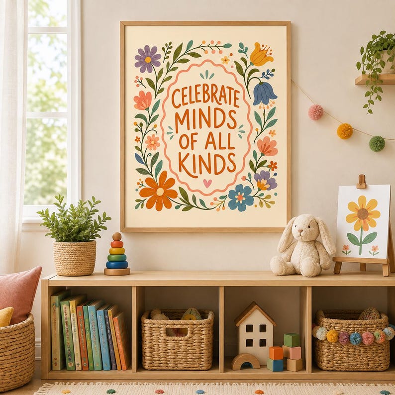 Może przedstawiać: Prostokątny wydruk ścienny z napisem "CELEBRATE MINDS OF ALL KINDS" brązowymi literami, wyśrodkowany w ozdobnej falistej ramce i otoczony kolorową ilustracją przedstawiającą r&oacute;żne kwiaty oraz zielone liście.