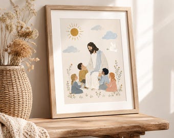 Jesus with Children Print, Let the Children Come Wall Art, Cute Nursery Christian Decor, Sunday School Art