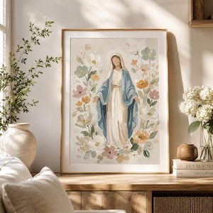 Blessed Mother of God Floral Artwork Print, Virgin Mary Catholic Art Poster, Neutral Christian Decor, Catholic Baptism Print image 13