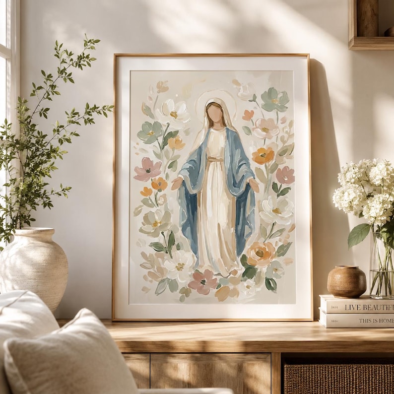 Blessed Mother of God Floral Artwork Print, Virgin Mary Catholic Art Poster, Neutral Christian Decor, Catholic Baptism Print image 13